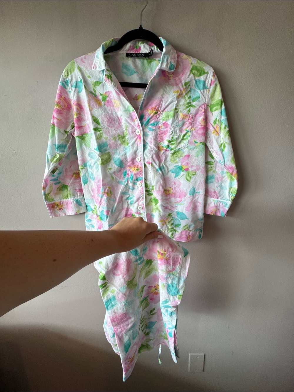 Lauren‎ Ralph Lauren Floral 3/4 Button Down & Pant Pajama Set Size Petite Small